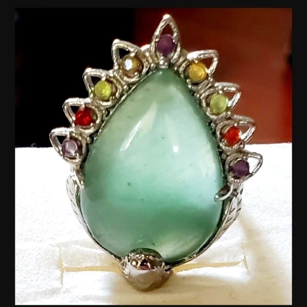 Green Aventurine Peacock Ring Stainless Steel Multigemstone